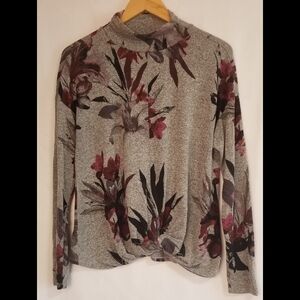 Jennifer Lopez Floral Mock Neck Long Sleeve Top - Gray And Floral Size L
